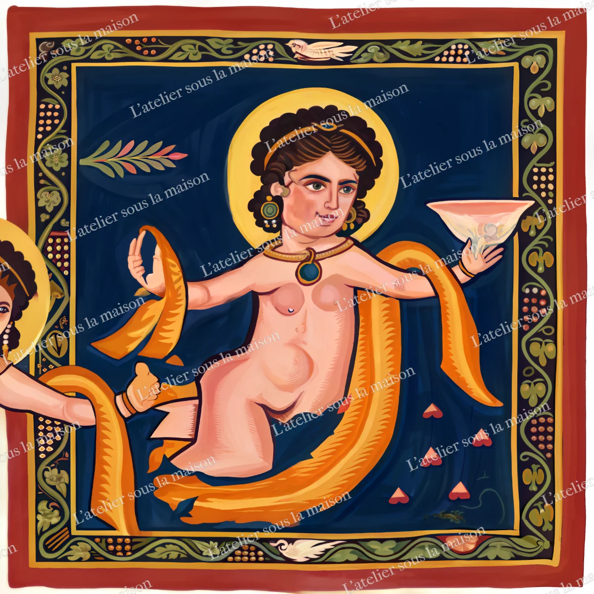 Une nymphe marine auréolée tend une coupe, drapée d'une écharpe orange, sur fond bleu nuit bordé de rinceaux verts et rouges.