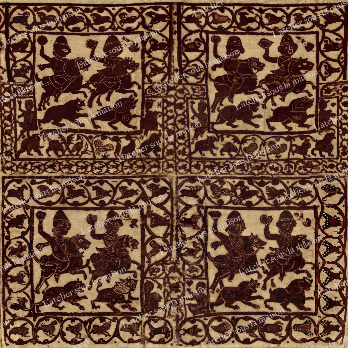 Deux cavaliers au-dessus d'animaux bondissants, dans un cadre de rinceaux, pourpre sur fond de lin.