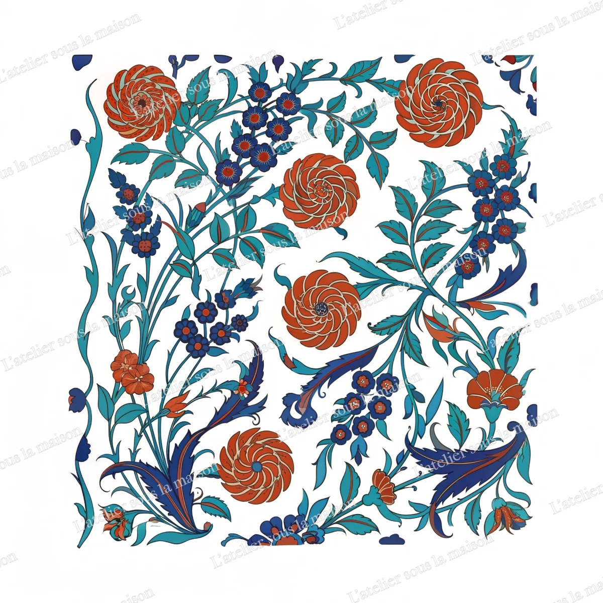 Rosaces rouge corail, fleurettes bleues et tiges vertes sur fond blanc, cernées de bleu de cobalt.