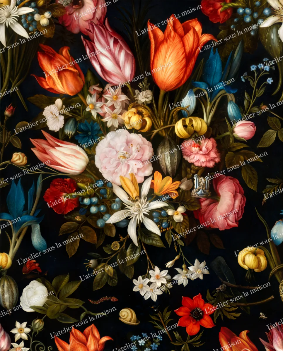 Tulipes panachées, rose, iris et lys dans un verre posé sur une tablette, sur fond noir.