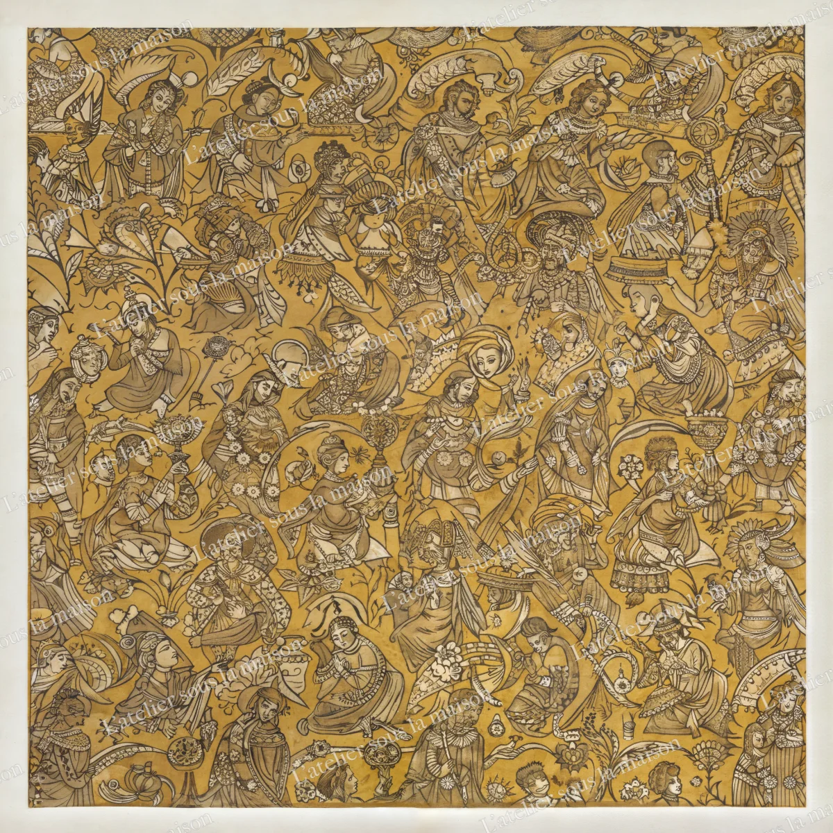 Danseurs et musiciens entre des rinceaux, brun et argent sur fond jaune safran.