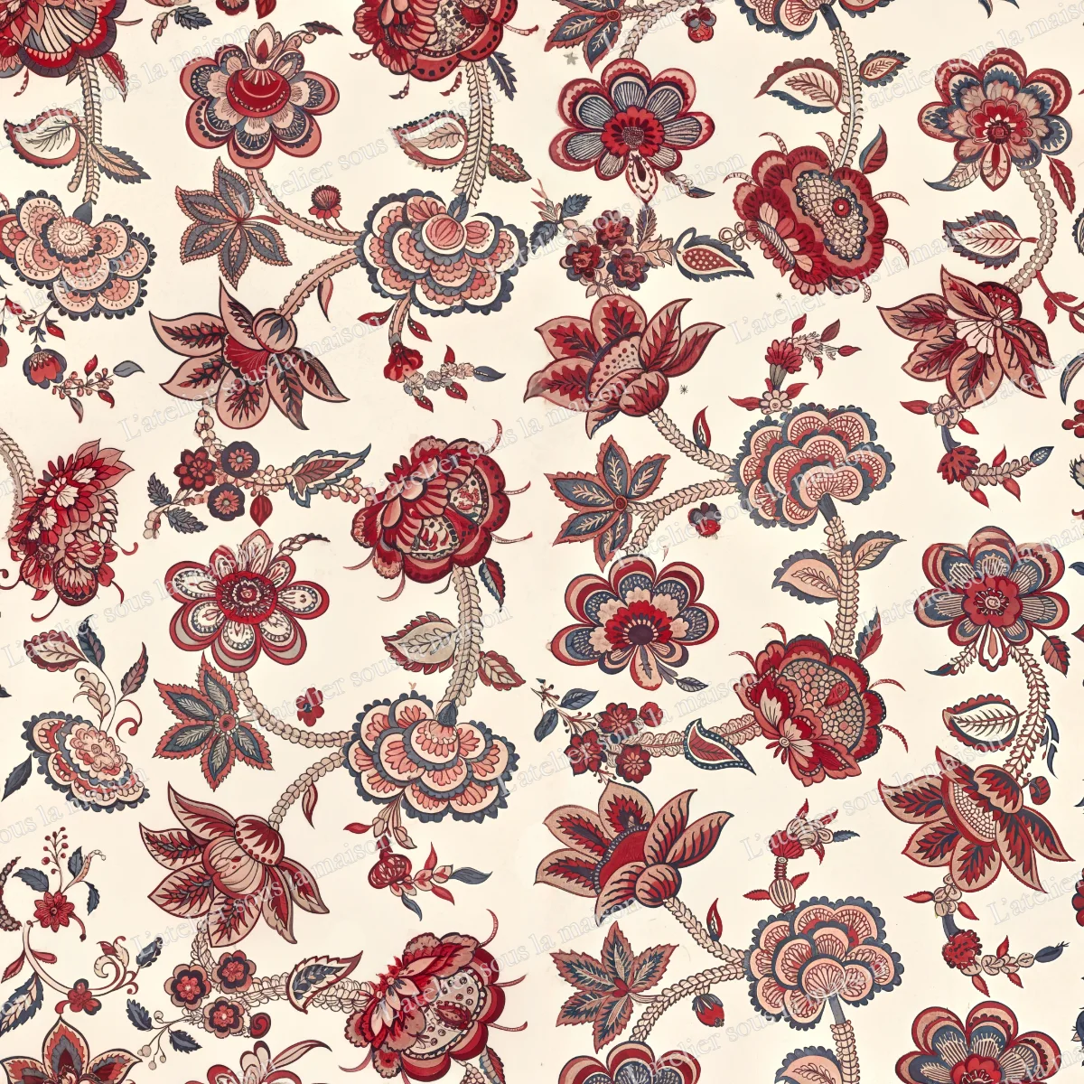 Grandes fleurs rouges et violettes sur fond crème, sur un manteau à manches longues.