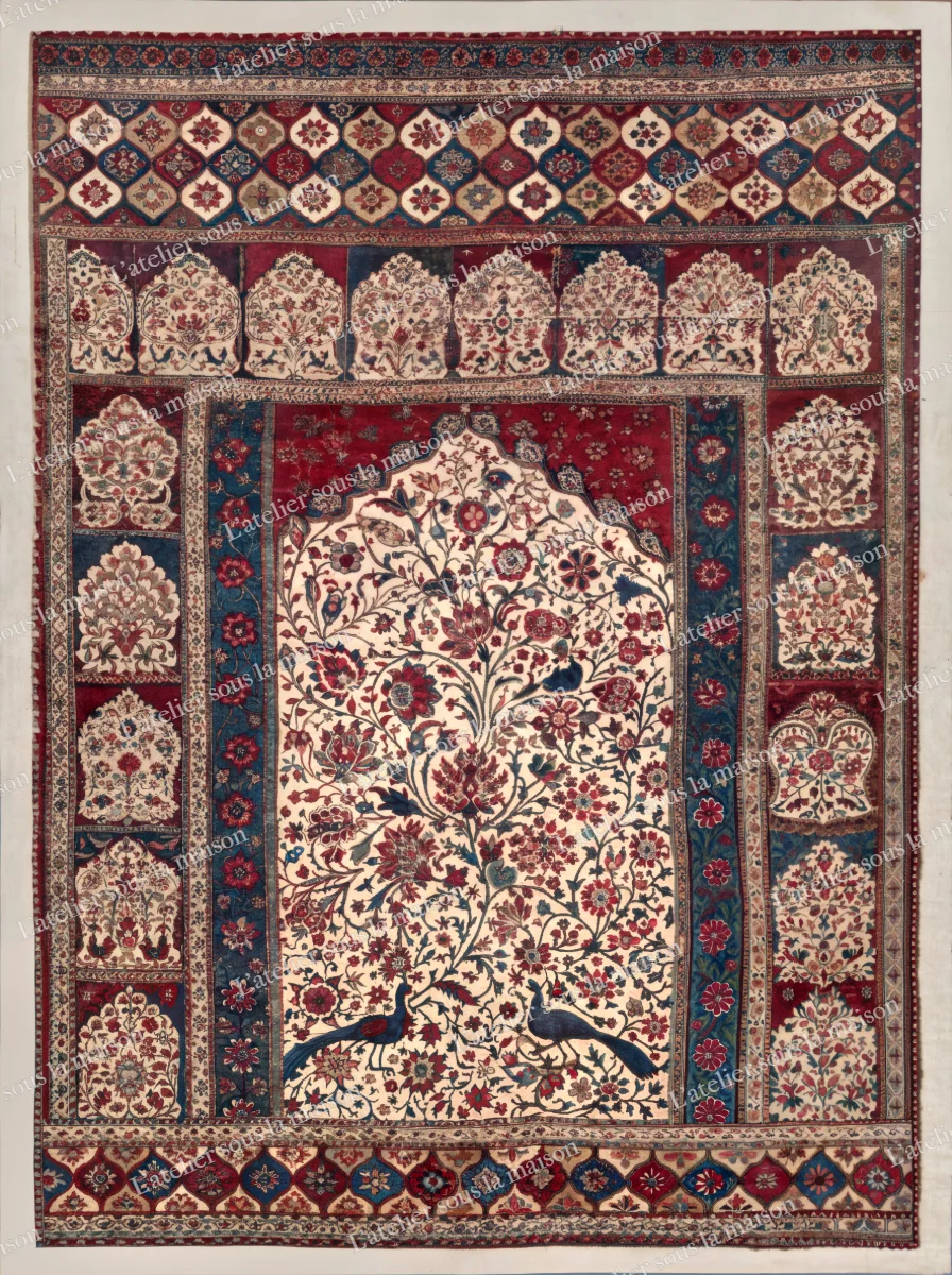 Arc fleuri peuplé d'oiseaux et de paons sur fond clair, encadré de bordures à niches et de frises géométriques.