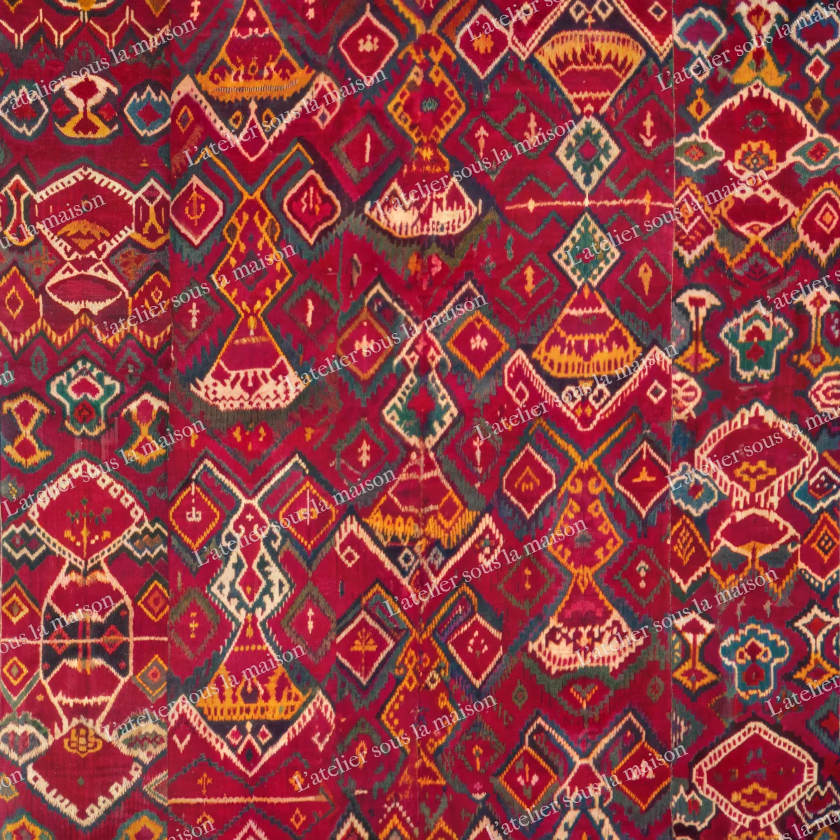 Losanges et flammes aux contours flous, rouge, rose, ocre et violet.