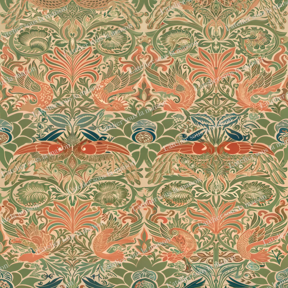 Paons affrontés et dragons parmi de grands feuillages, saumon et bleu sur fond vert olive.