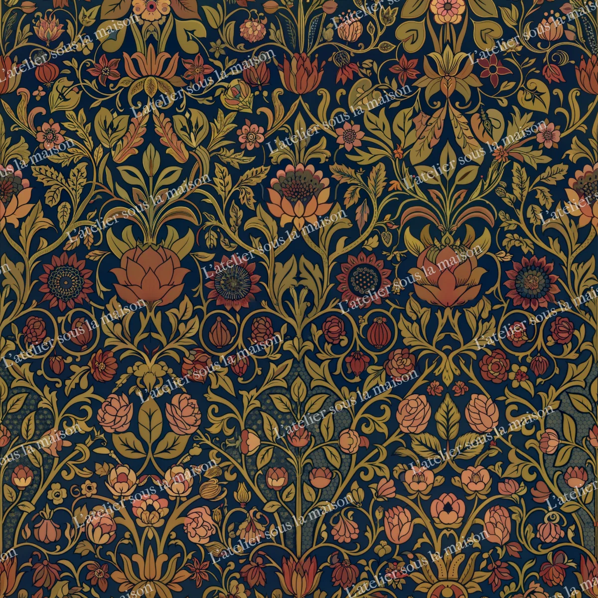 Violettes, ancolies et feuillages entrelacés, or, rouge et bleu sur fond bleu nuit.